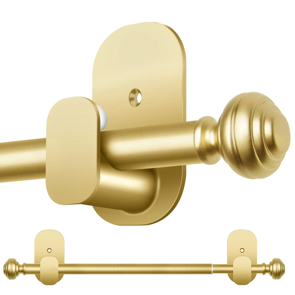 KAMANINA gold no-drill curtain rod spans 32 to 86 inches for rental-friendly setup.