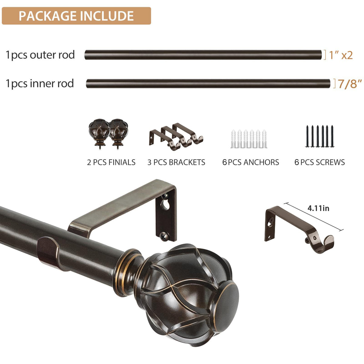 KAMANINA install-ready package includes rods, brackets, and finials