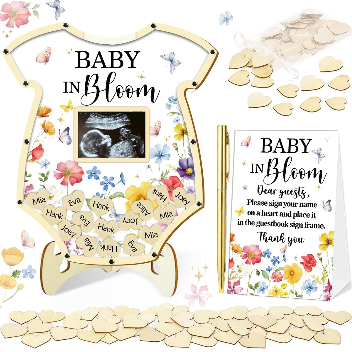 KAMUFU baby in bloom guest book frame with baby suit design for keepsake memories.