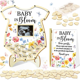 KAMUFU baby in bloom guest book frame with baby suit design for keepsake memories.