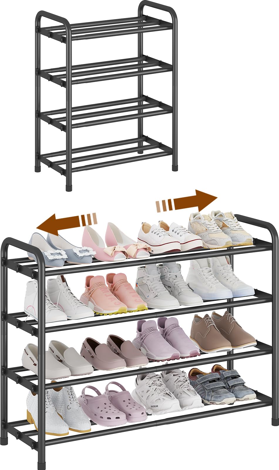 KANAV 4-Tier Expandable Shoe Rack in closet showing adjustable shelves for organized footwear