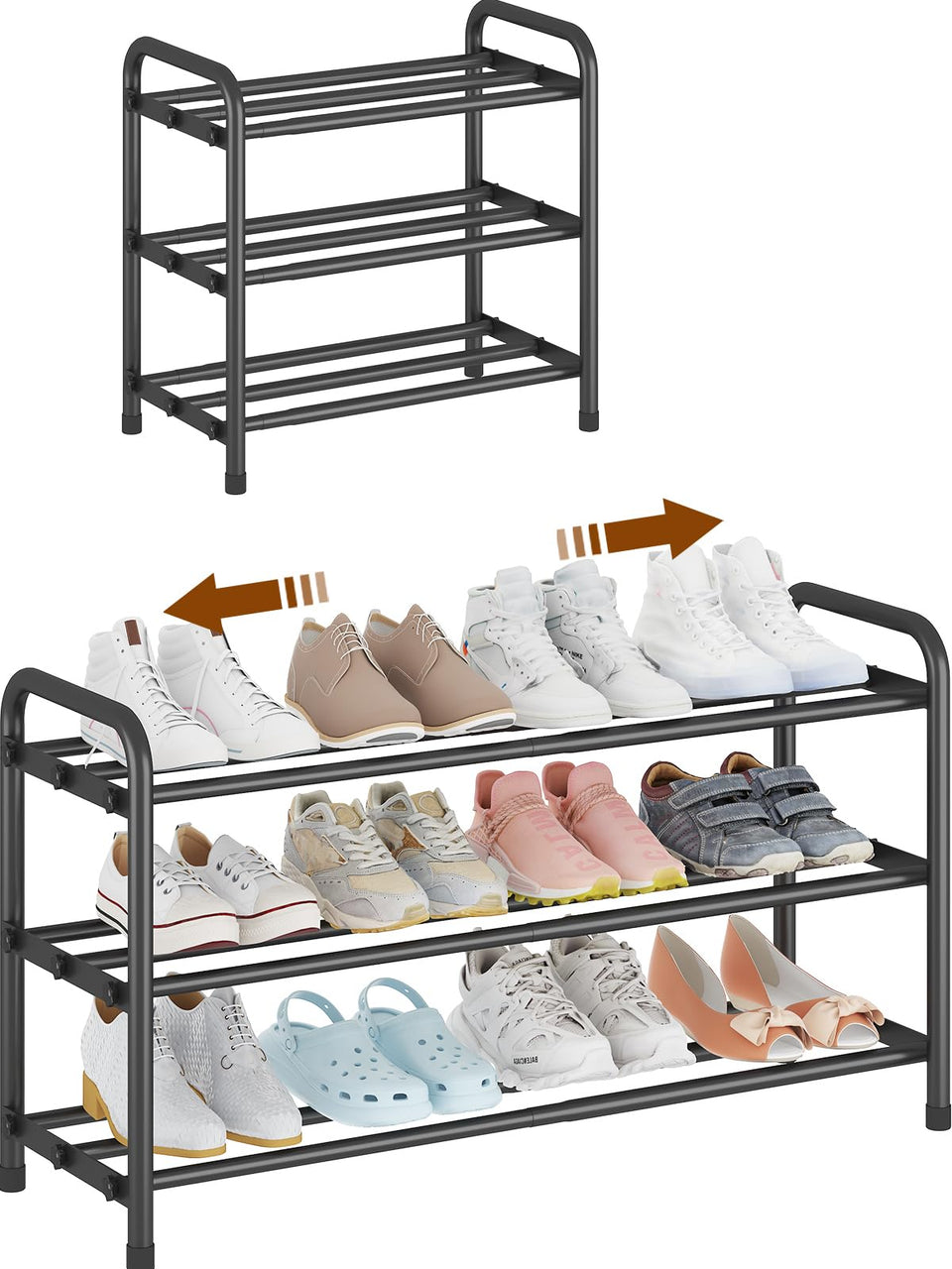 KANAV expandable shoe rack 3-tier full view demonstrates space-saving design.