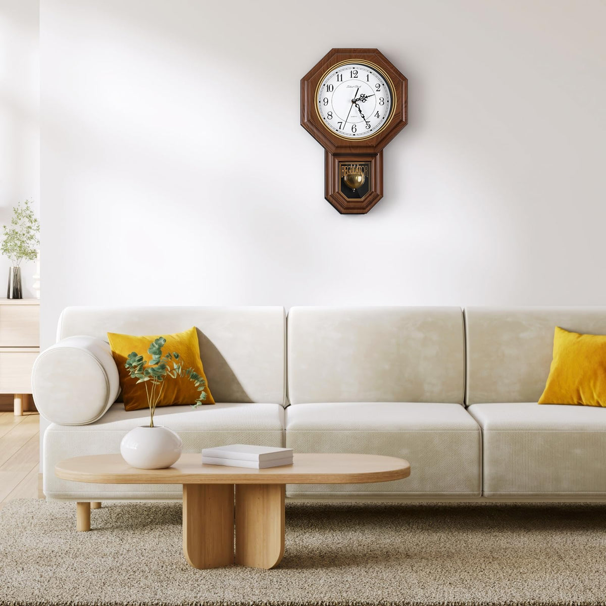 KANEODOT vintage wall clock enhances living room decor with classic style.