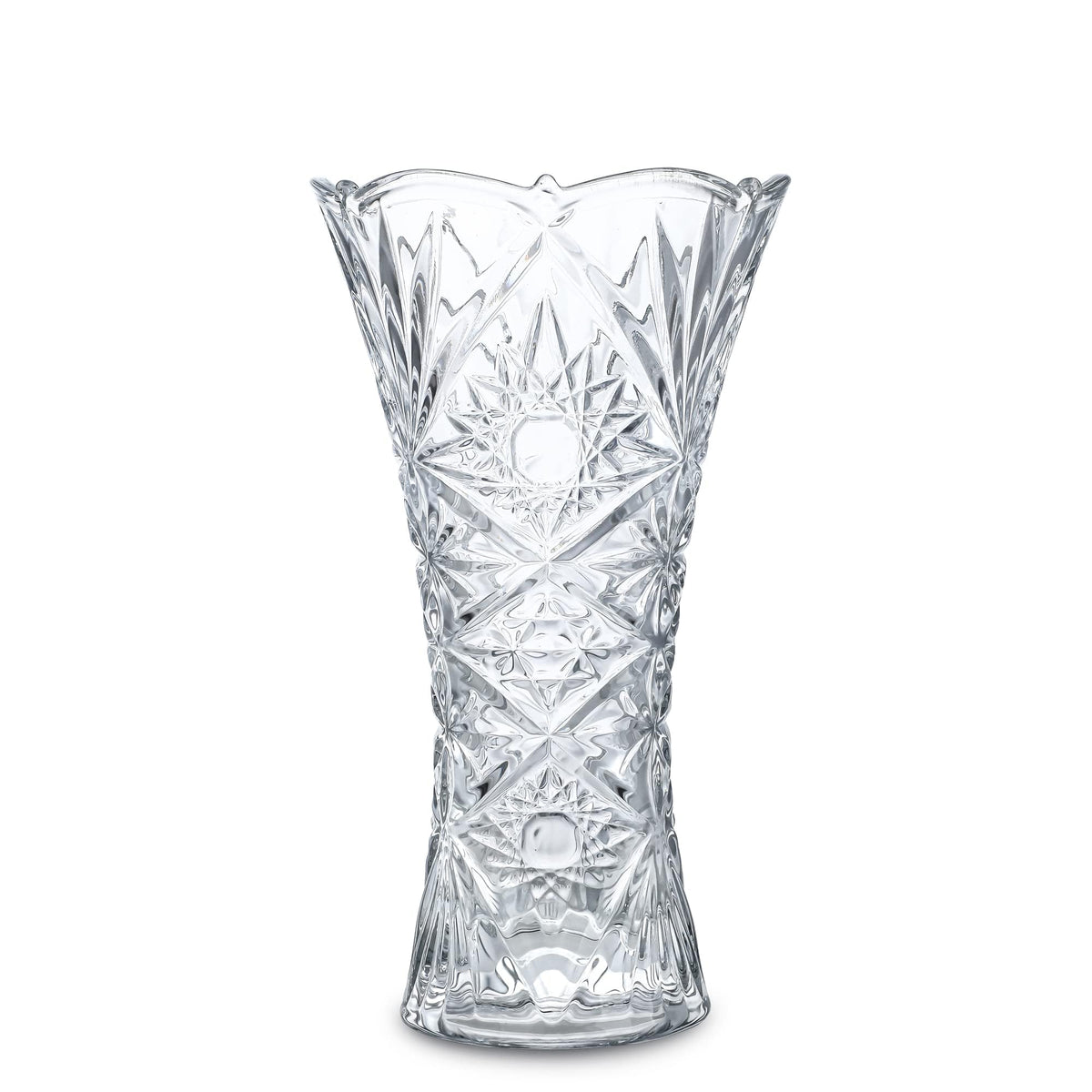 Kanpura Clear Crystal Vase front view showing thickened glass and sunflower motif