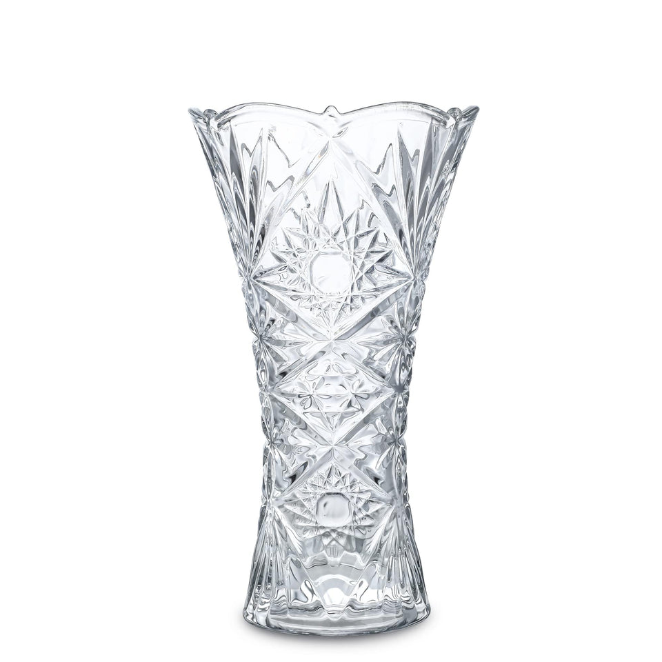 Kanpura Clear Crystal Vase front view showing thickened glass and sunflower motif