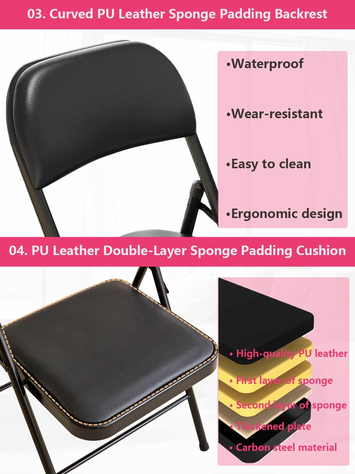 KAOCHA folding chair with black steel frame for durable indoor/outdoor use.