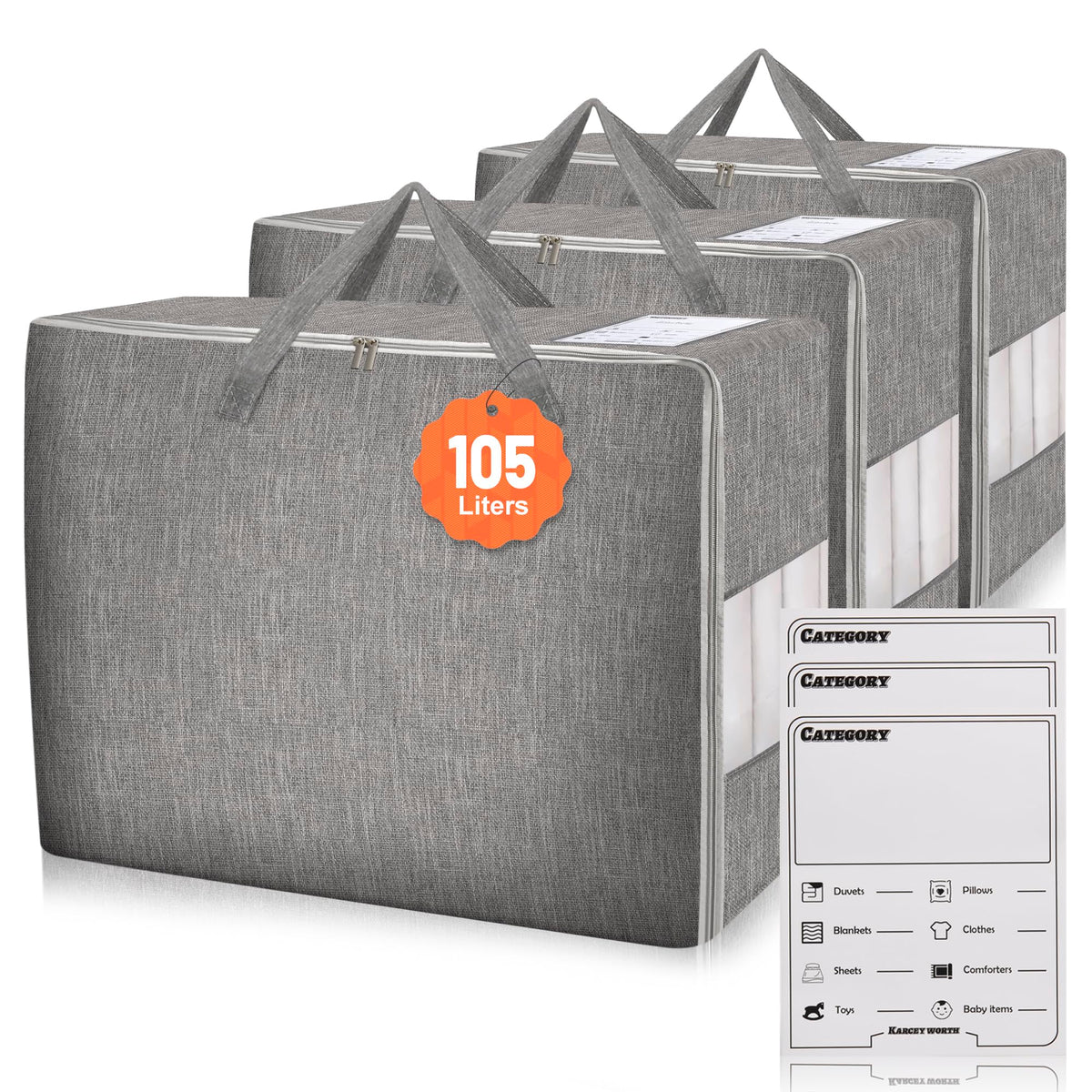 Karceyworth 105L storage bag with clear window for quick viewing of contents.
