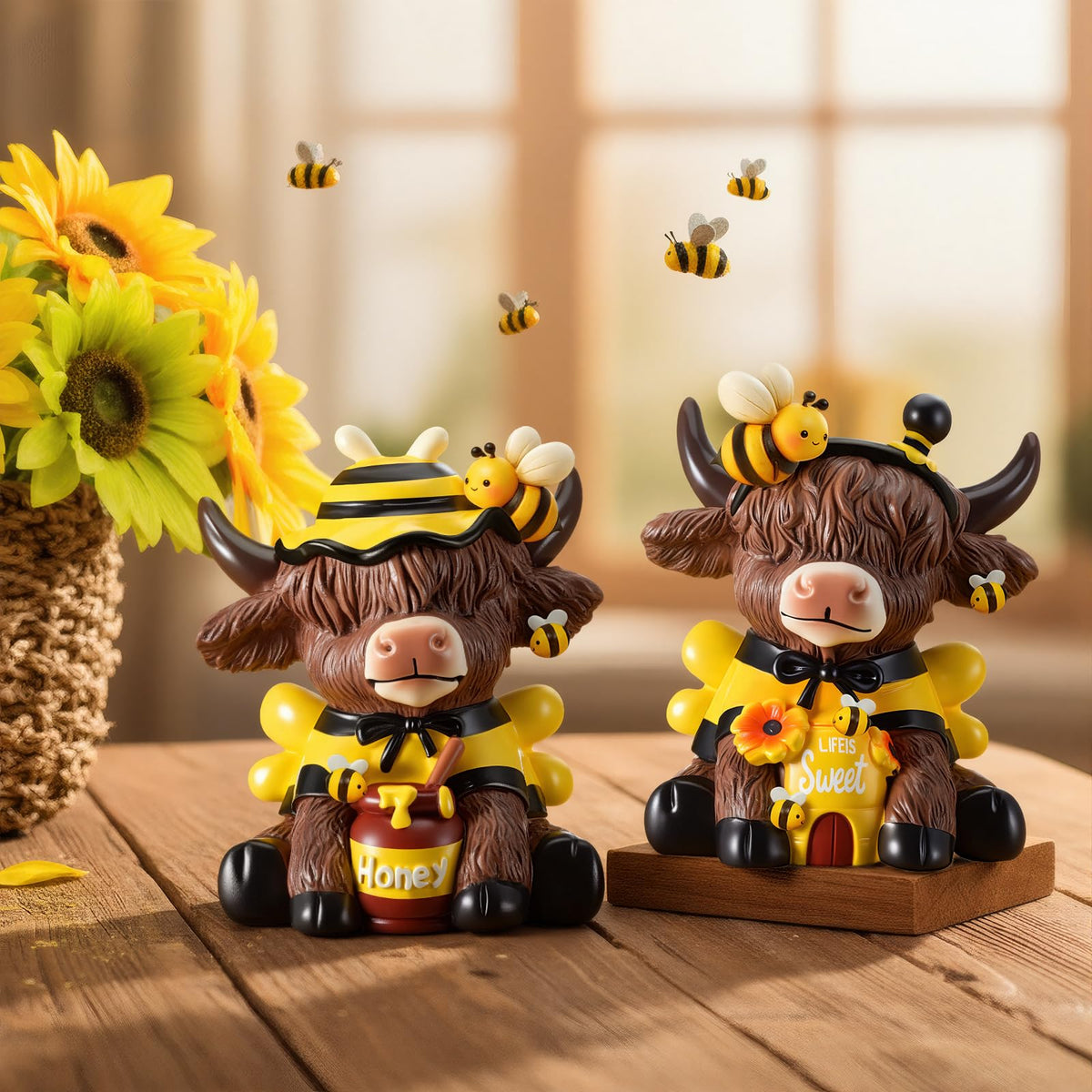 Karenhi bee Highland cow figurine with beehive design decorates mantels and shelves