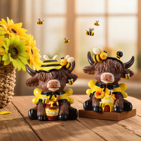 Karenhi bee Highland cow figurine with beehive design decorates mantels and shelves