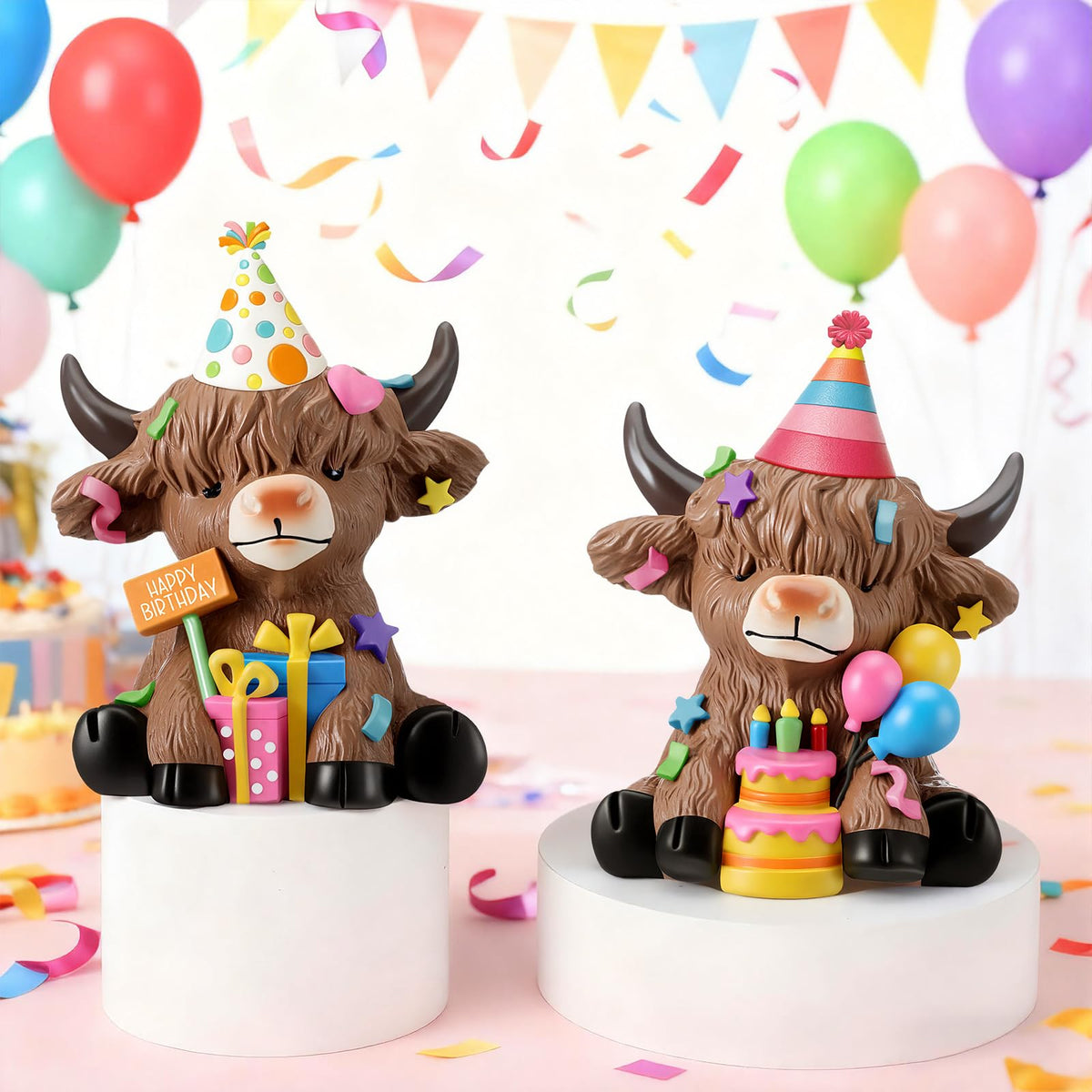Karenhi Highland cow figurine with balloons and cake for party styling