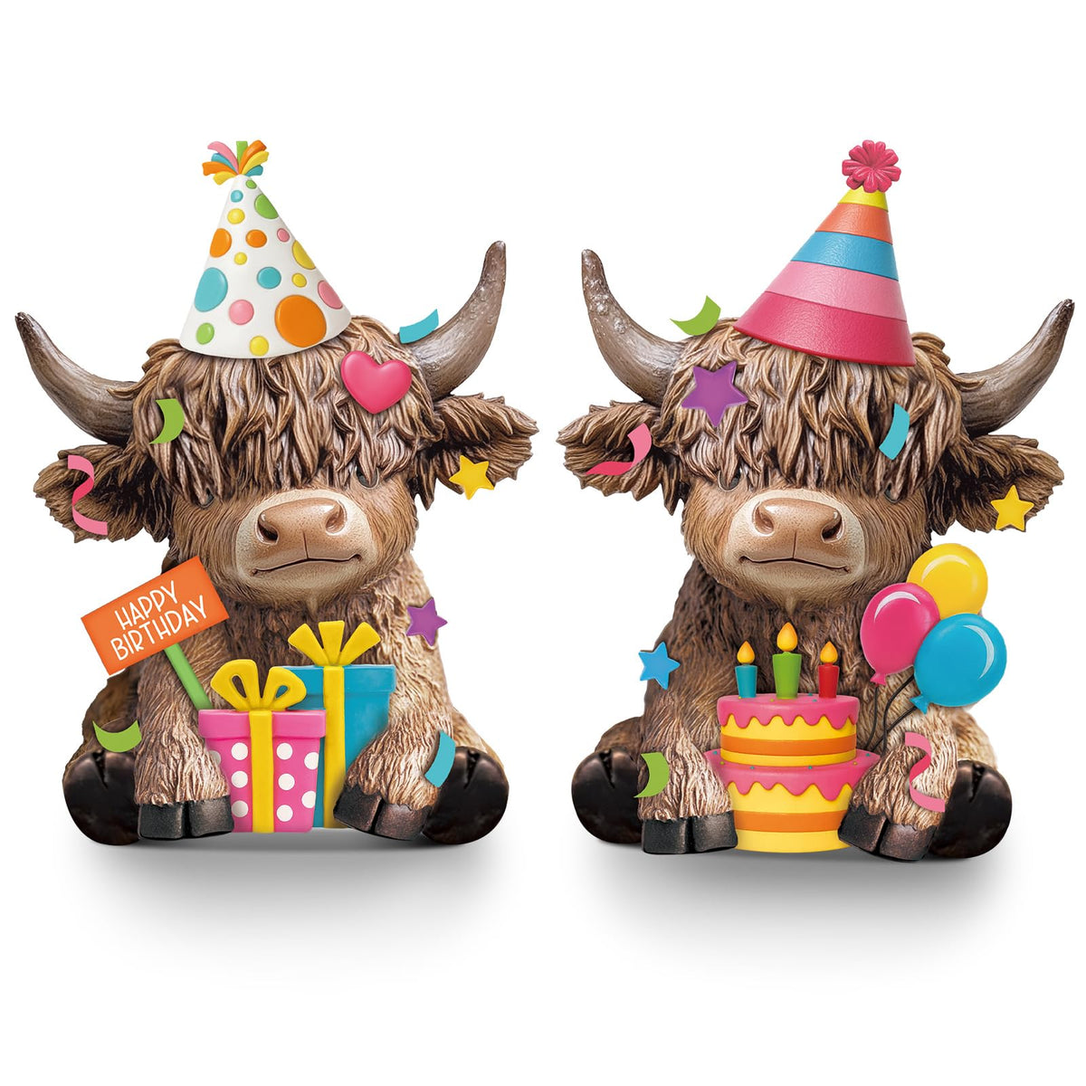 Karenhi birthday Highland cow figurine with presents for festive table decor