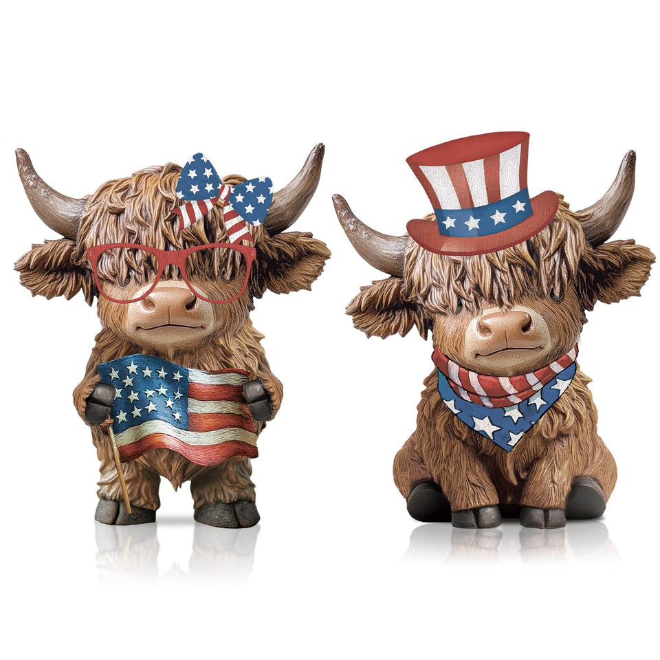 Karenhi patriotic Highland cow statue for indoor display and rustic tabletop charm