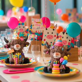 Karenhi tiered tray display with Highland cow figurines