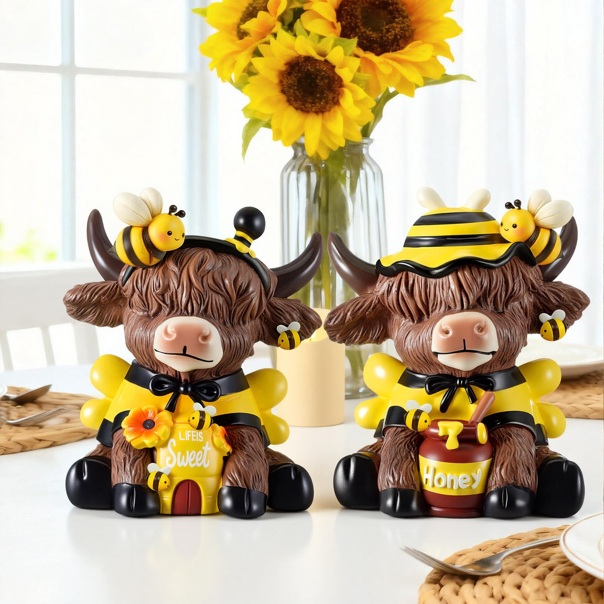 Karenhi cow figurine set shines on tiered trays, coffee bars, or mantels