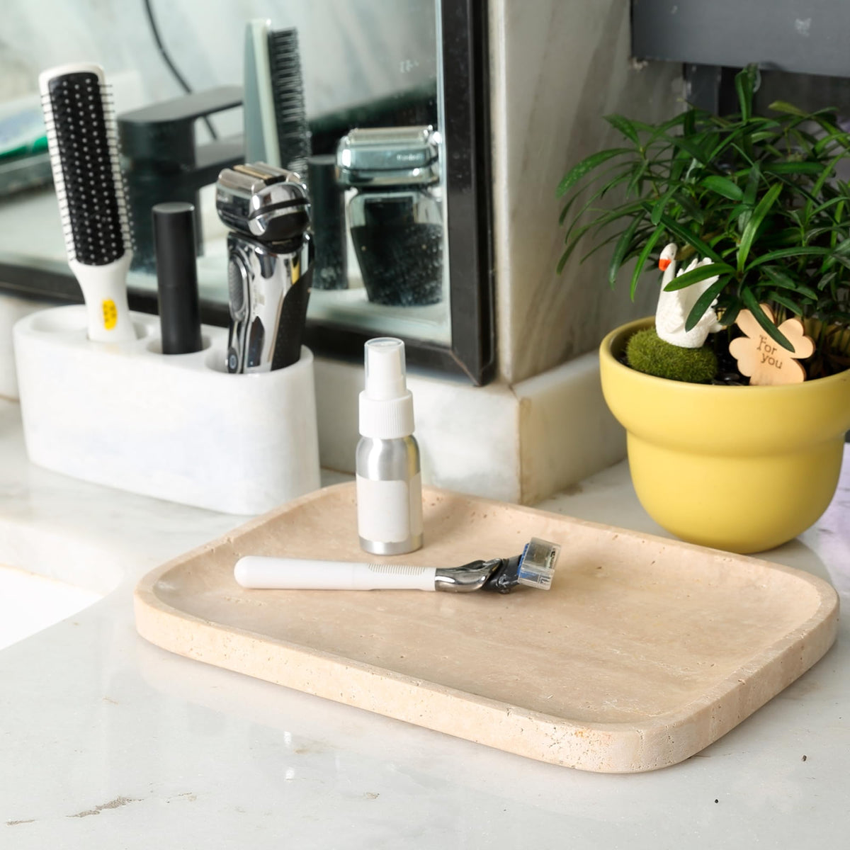 Karibiber marble tray decorative edge adding warmth and luxury to space.
