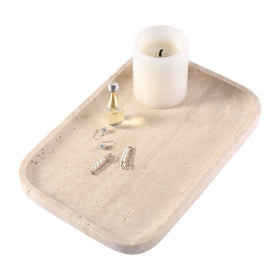 Karibiber marble vanity tray overview on a dresser showing beige travertine elegance.
