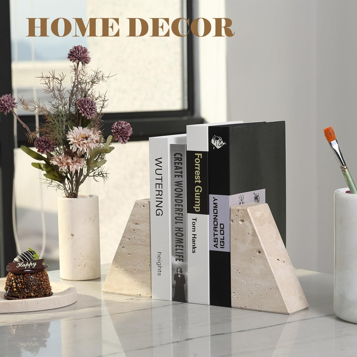 Karibiber travertine bookends keep shelves neat in a home office