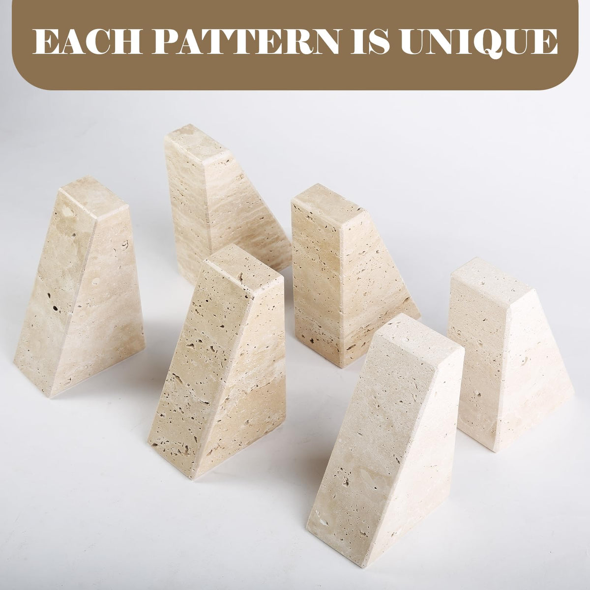 Karibiber travertine bookends provide sturdy support for heavy volumes on shelves