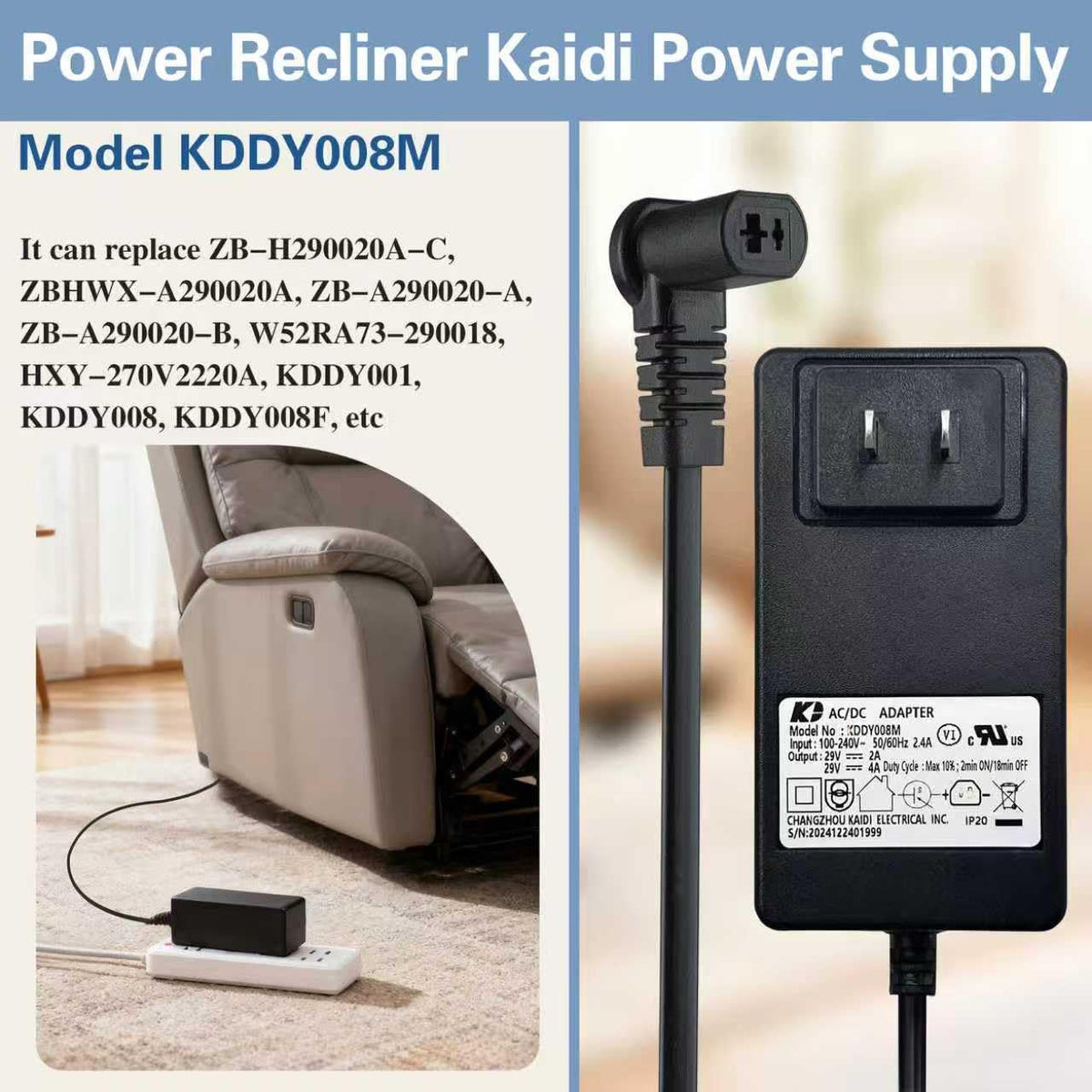 Kariwust Kaidi 29V 2A adapter with two-pin connector for direct recliner compatibility