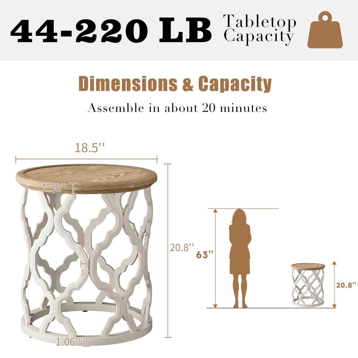 Karlott Farmhouse End Table curved motif frame base adds elegance