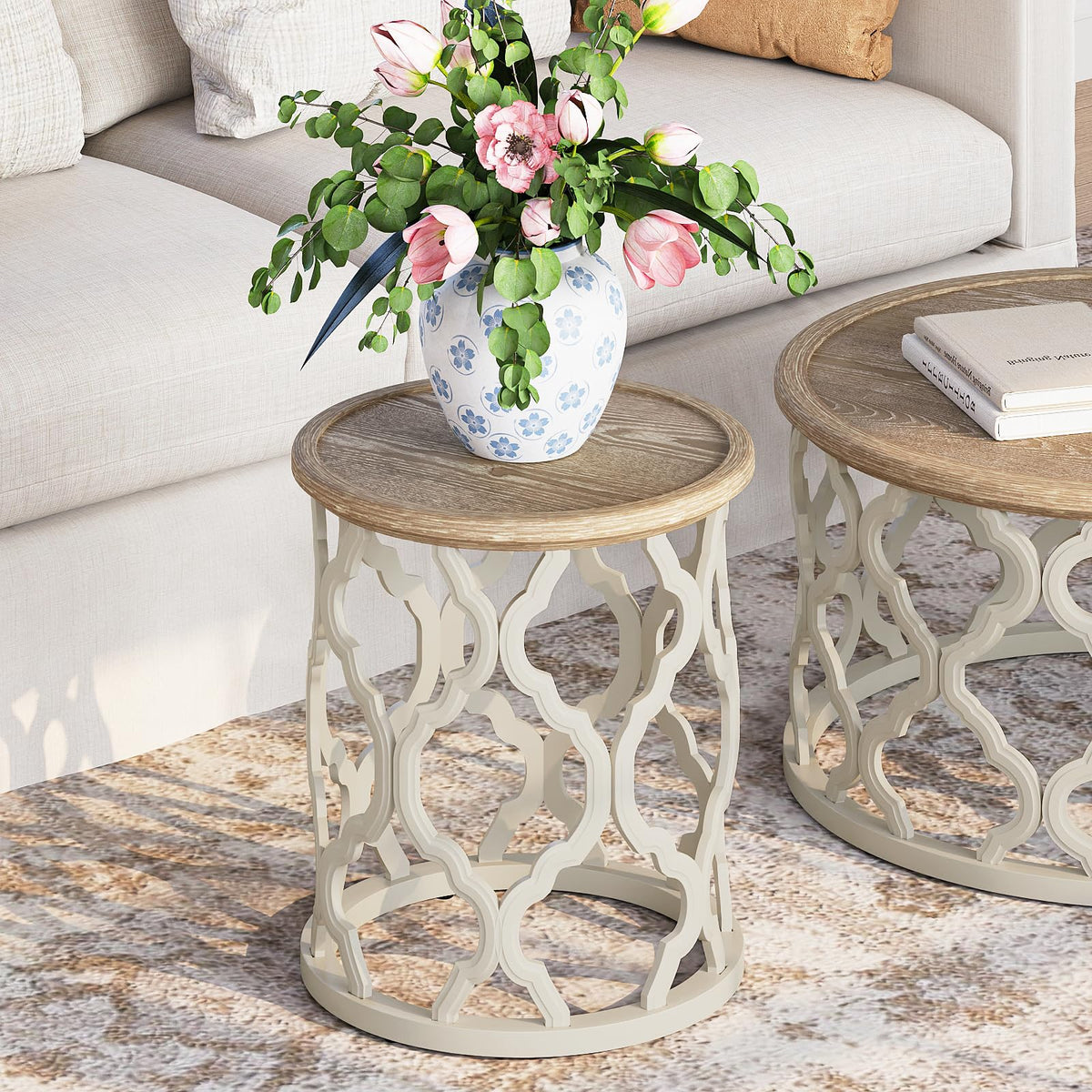 Karlott Farmhouse End Table openwork drum frame in natural finish