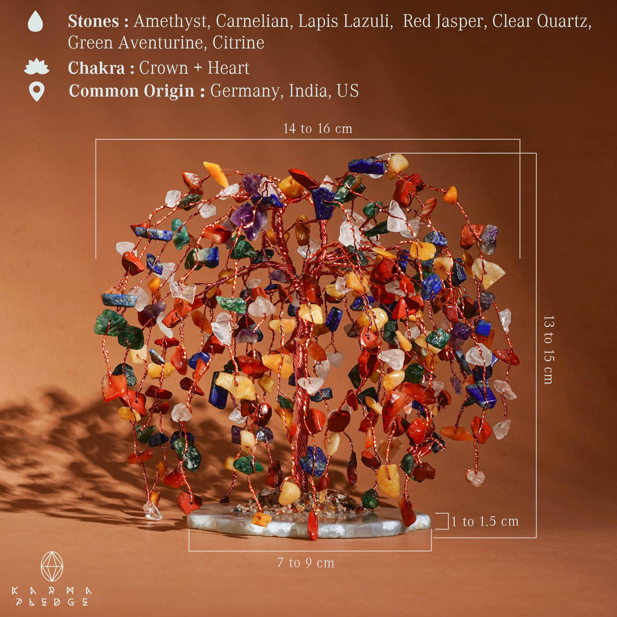 KARMAPLEDGE 7 Chakra Tree closeup crystals highlight color details for mindful ambiance.