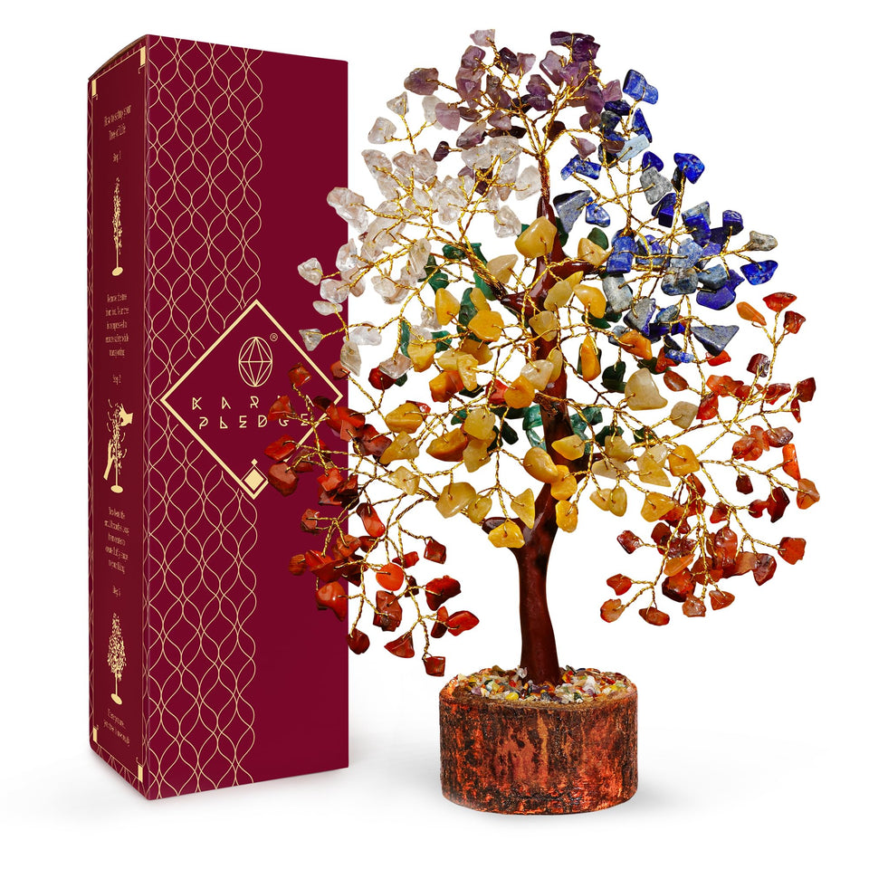 KARMAPLEDGE Chakra Tree of Life desktop display blooms with crystal beads for positive energy.