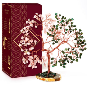 KARMAPLEDGE crystal tree of life with green aventurine and rose quartz promoting balanced energy at home
