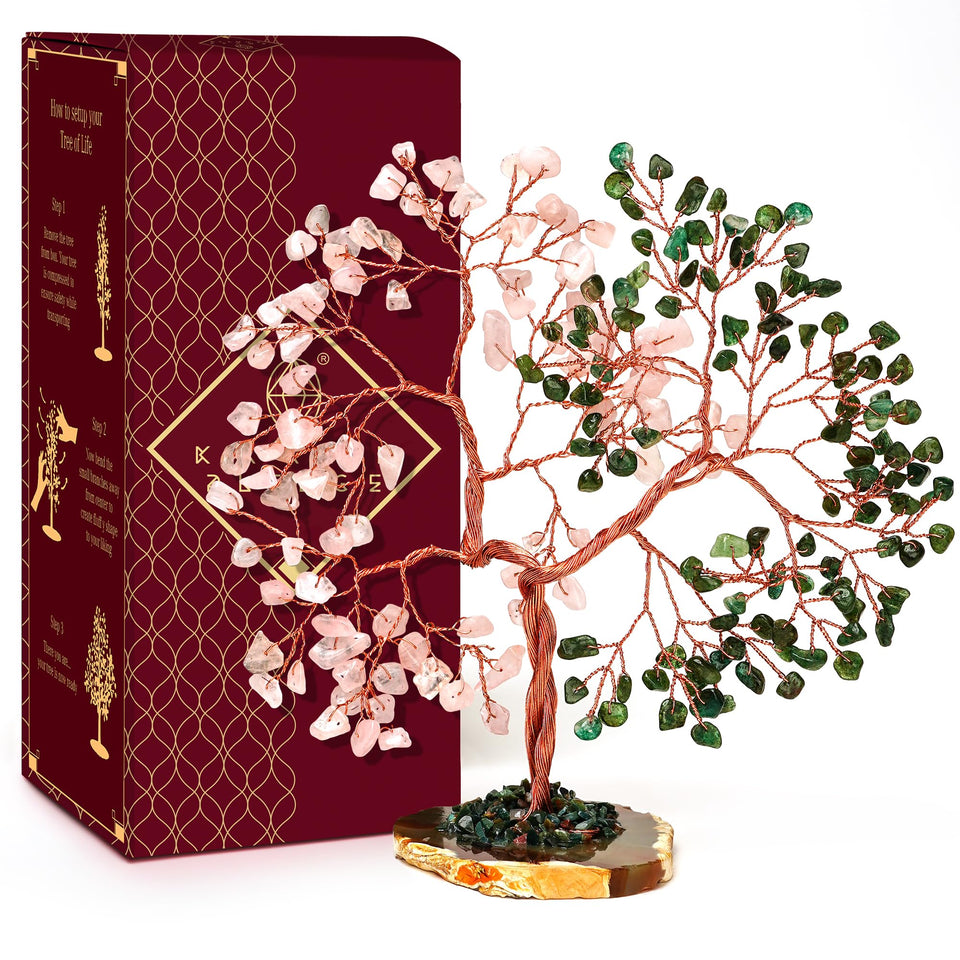 KARMAPLEDGE crystal tree of life with green aventurine and rose quartz promoting balanced energy at home