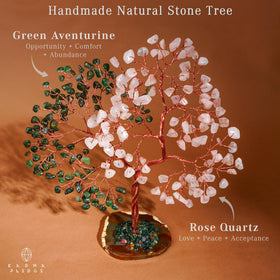 KARMAPLEDGE tree close-up shows green aventurine and rose quartz crystals for emotional harmony