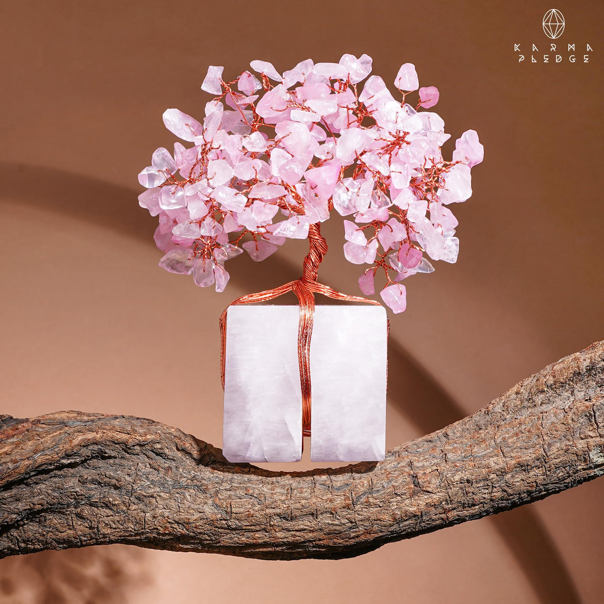 KARMAPLEDGE Rose Quartz Tree artisan design with natural crystal variations