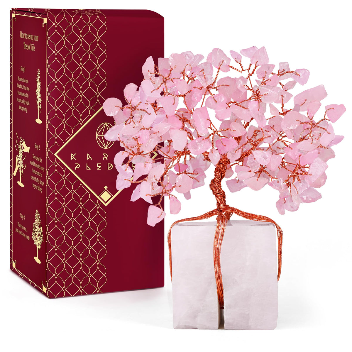 KARMAPLEDGE Rose Quartz Tree base adds serene decor and positive energy
