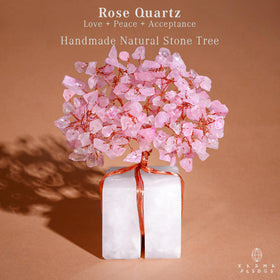 KARMAPLEDGE Rose Quartz Tree leaves closeup highlights heart-centered crystals