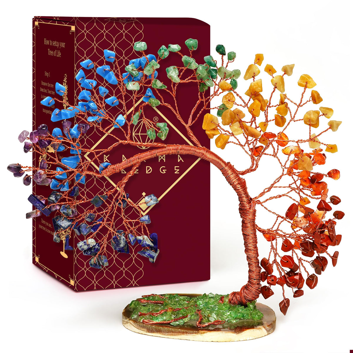 KARMAPLEDGE seven chakra tree base enhances balanced energy for home or office spaces.