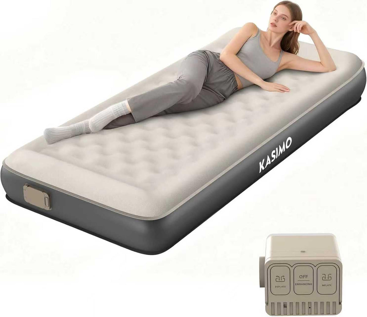 KASIMO twin air mattress with built-in pump for cordless inflation at home or outdoors.