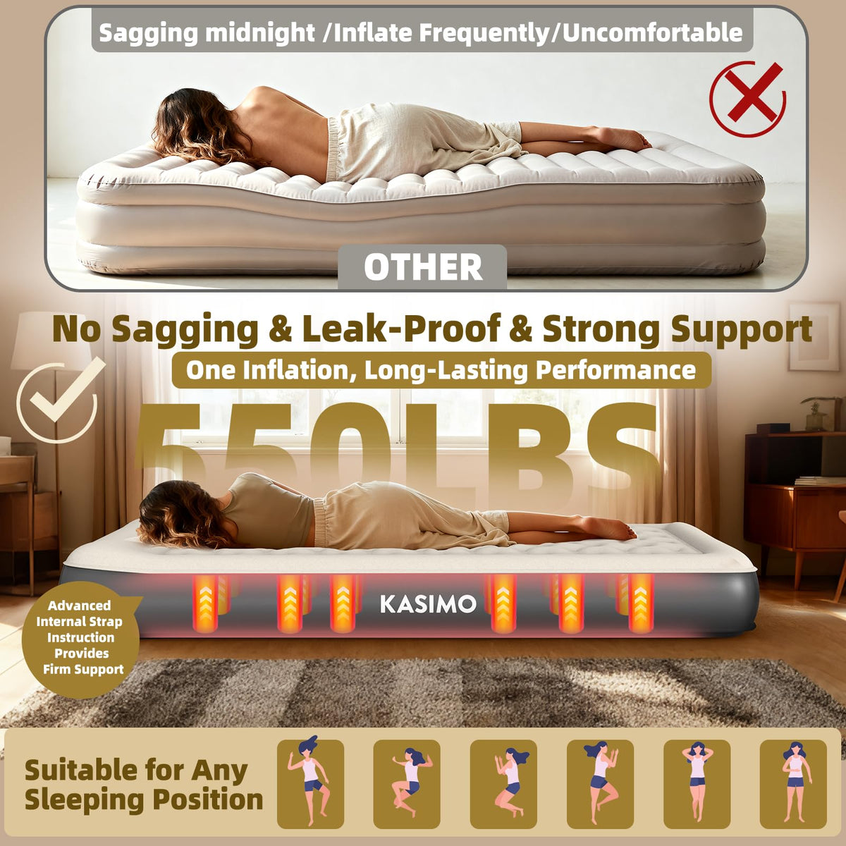 KASIMO twin air mattress internal strap system provides stable support throughout the night.