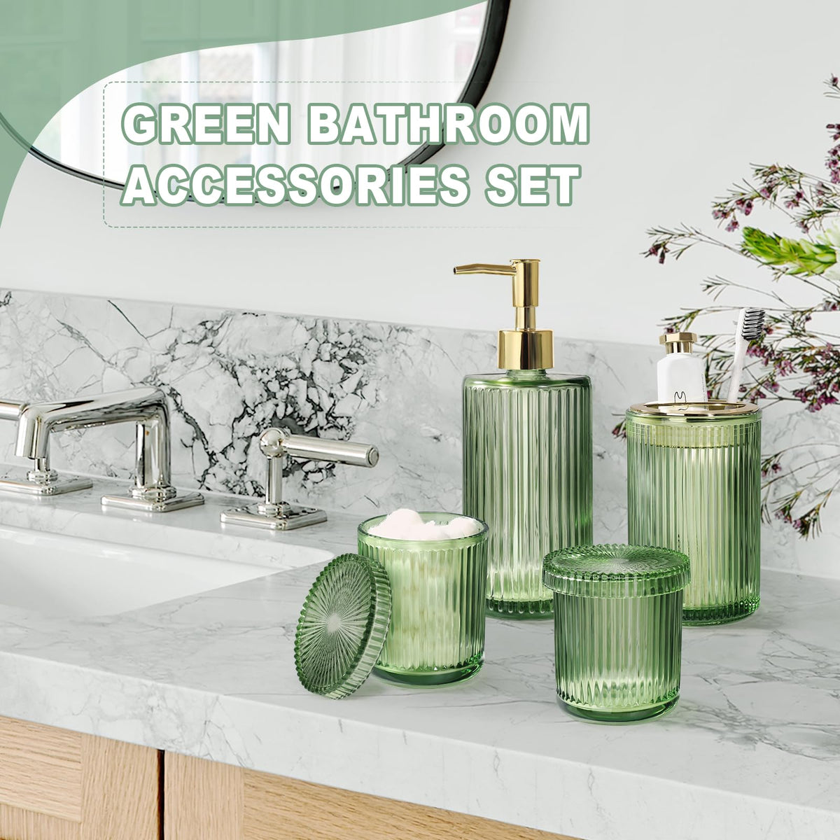 Kasunting Green Glass Set complements dressing tables and master bathrooms.