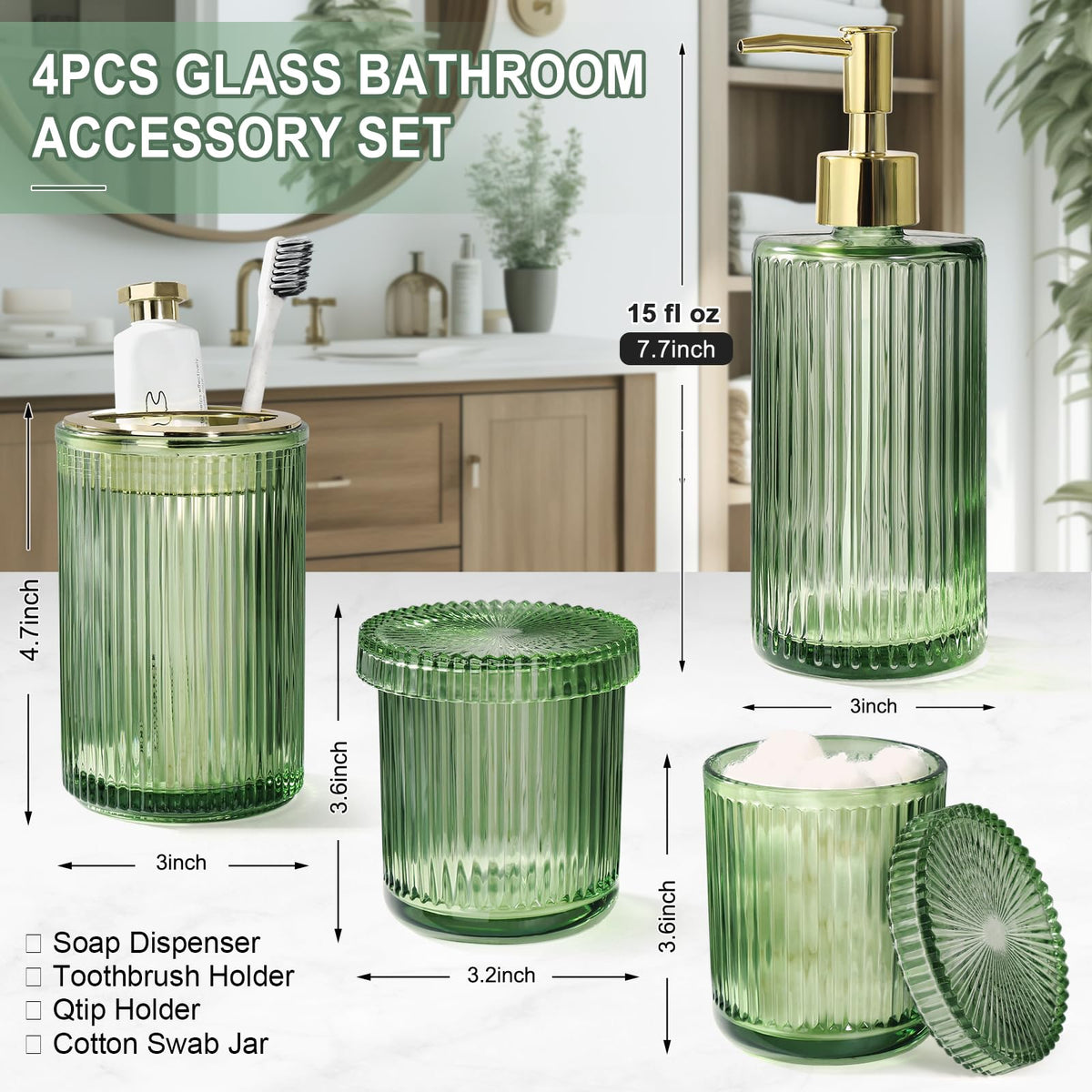 Kasunting Green Glass Toothbrush Holder keeps counters tidy and brushes at hand.