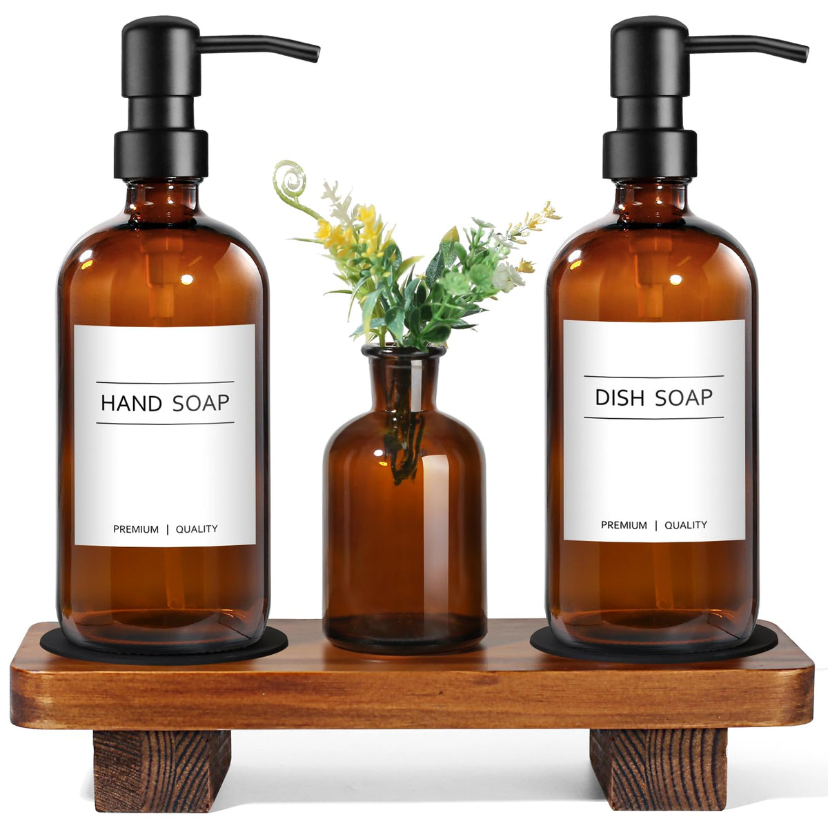 Kasunting amber glass kitchen soap dispenser set on wood riser tray for tidy counters.