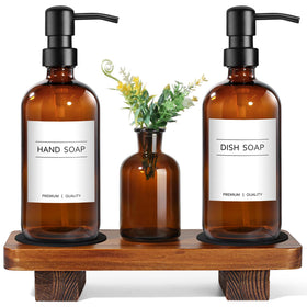 Kasunting amber glass kitchen soap dispenser set on wood riser tray for tidy counters.
