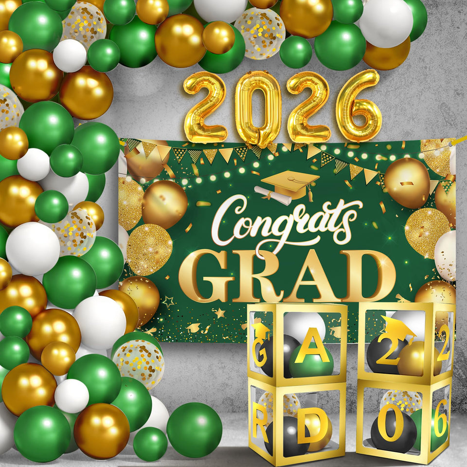 KatchOn graduation banner 72x44 in green and gold creates a photo-ready backdrop.