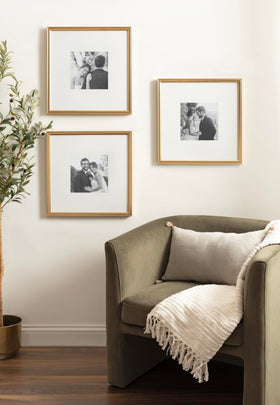 Beveled gold frame adds timeless, refined aesthetics.