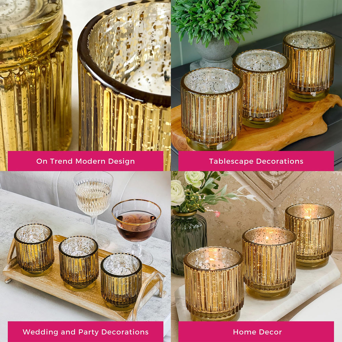 Kate Aspen gold votive holders on mantel emitting cozy glow.