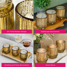 Kate Aspen gold votive holders on mantel emitting cozy glow.