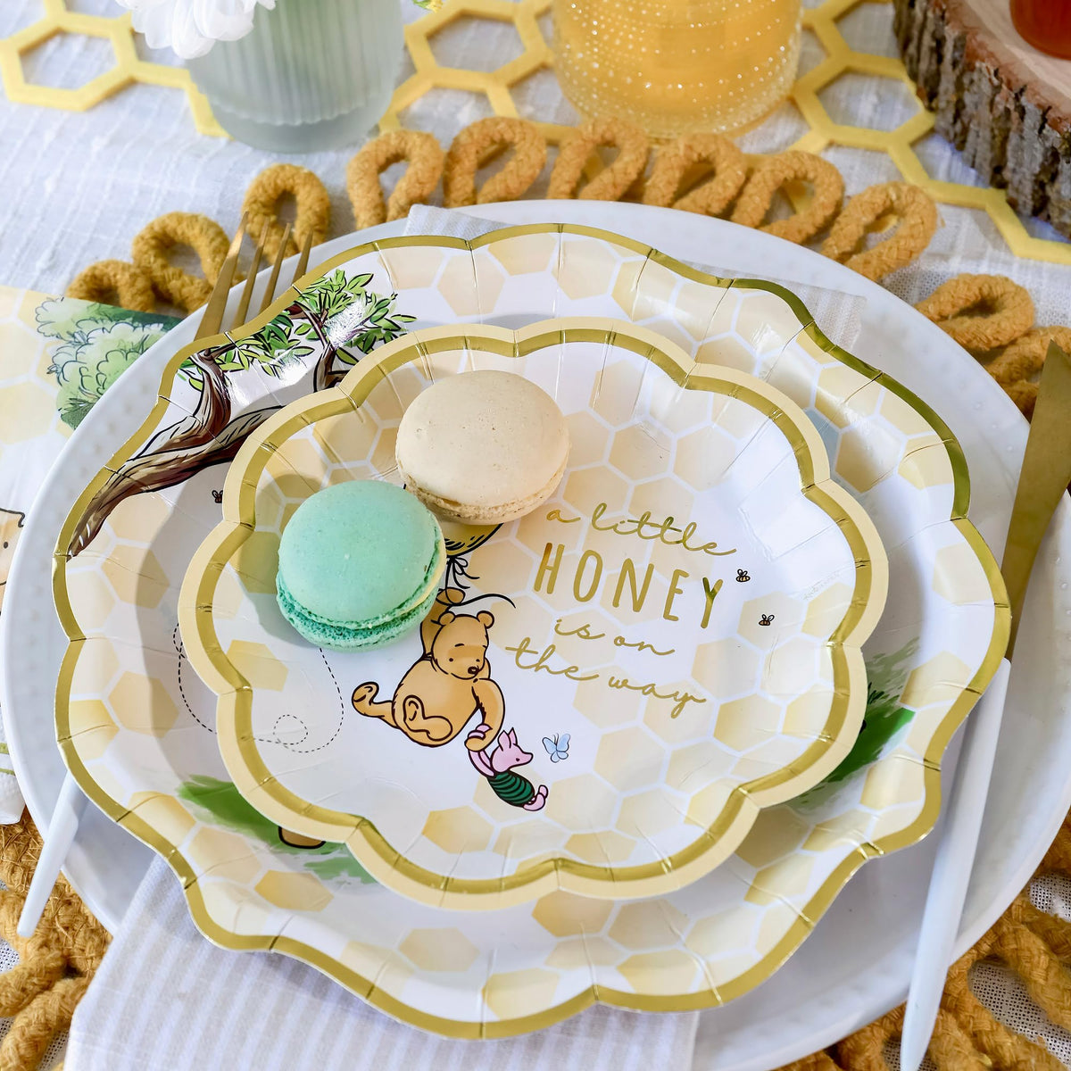 Kate Aspen Honey Bear Winnie dessert plates elevate treats with woodland charm.