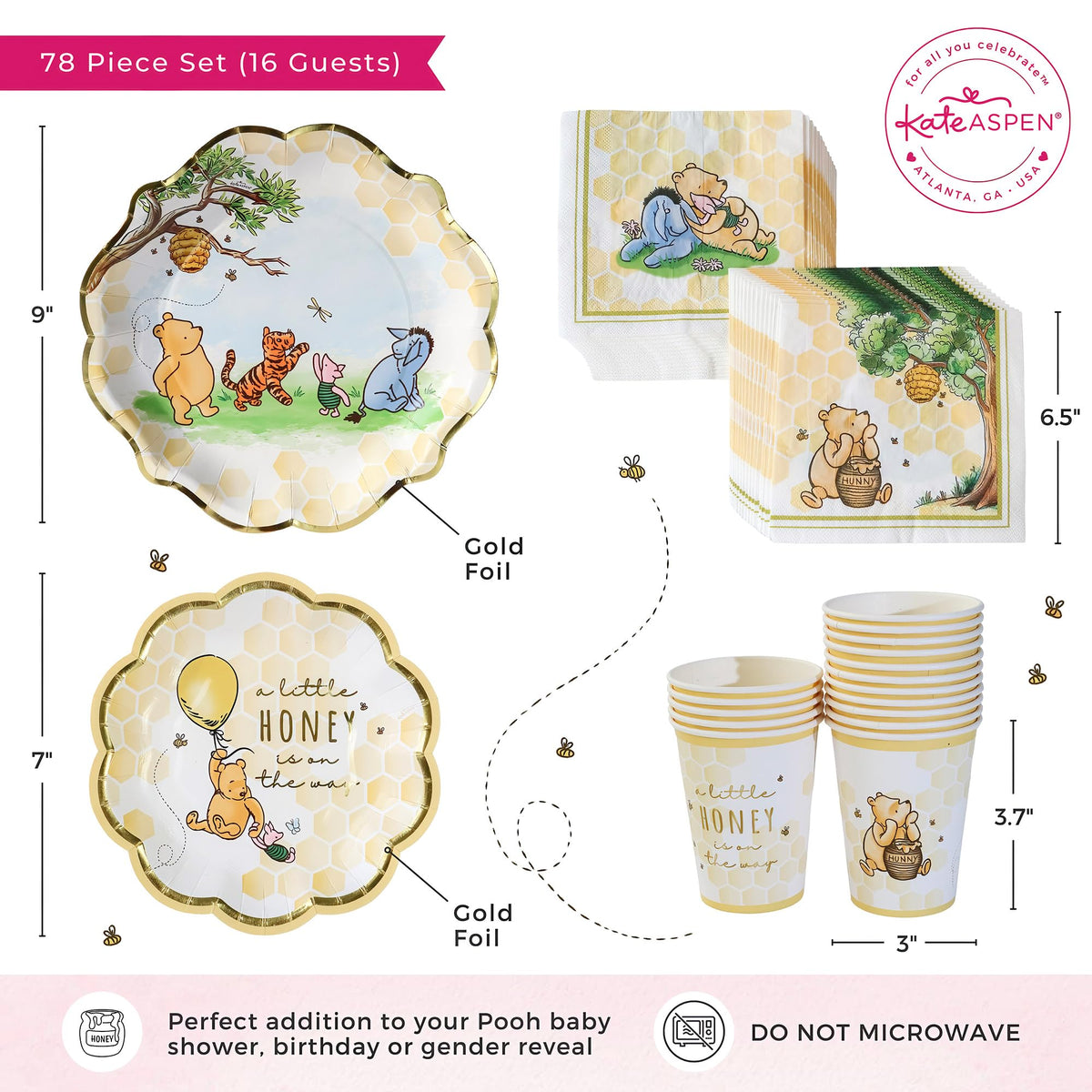 Kate Aspen Honey Bear Winnie gold foil details provide premium shine.