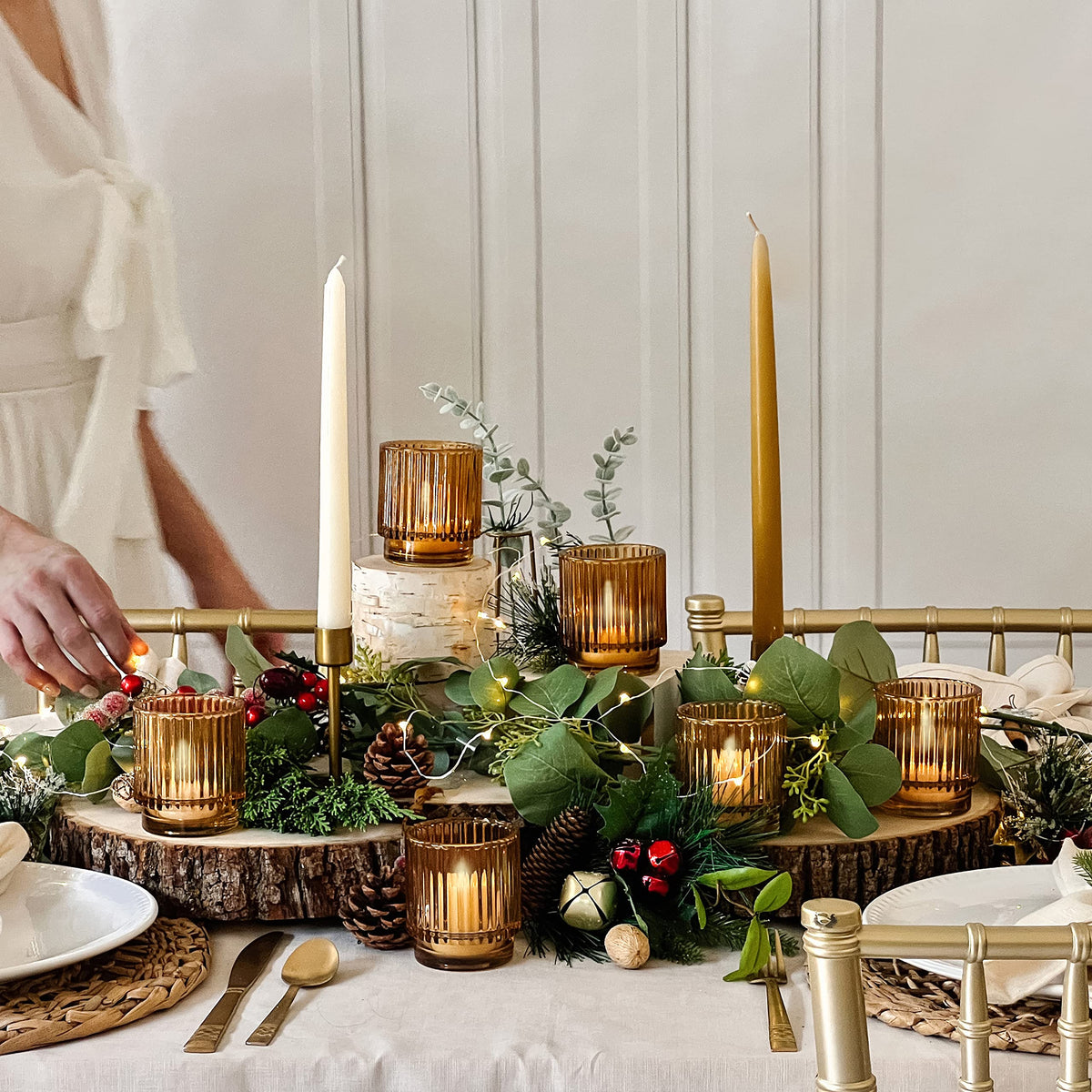 Kate Aspen vintage boho dining centerpiece using amber holders
