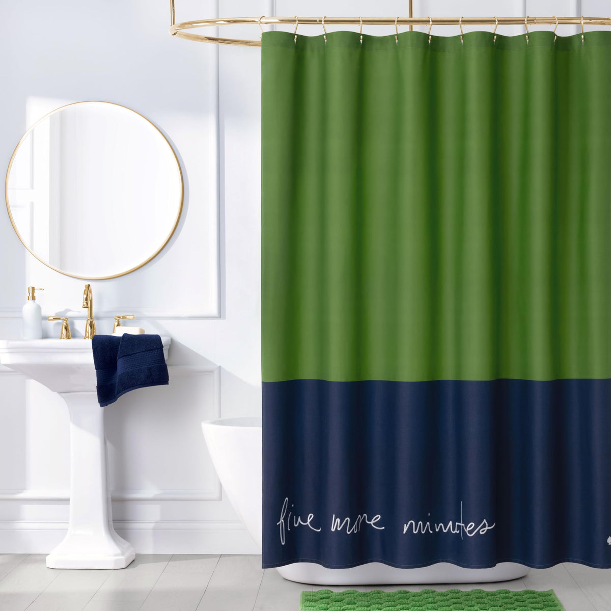 kate spade new york Five More Minutes curtain with color block embroidery brightens the bath