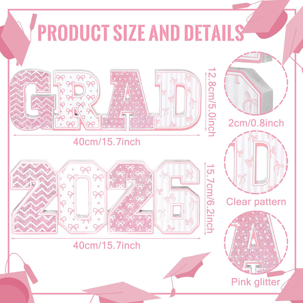 Kathfly grad sign pink glitter wooden stand for tables and photos