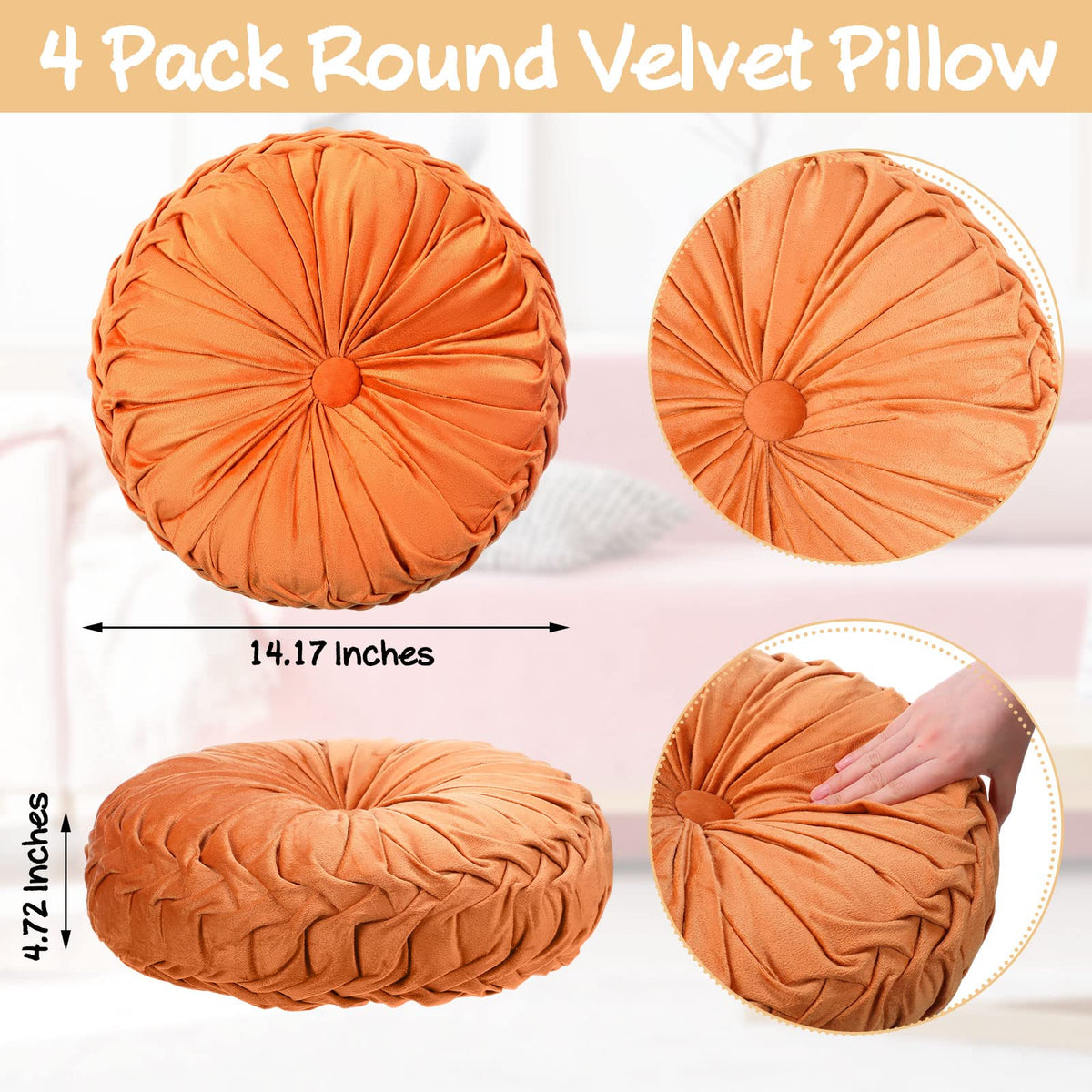 Kathfly round pleated pillow in light coffee brightens seating with soft velvet.